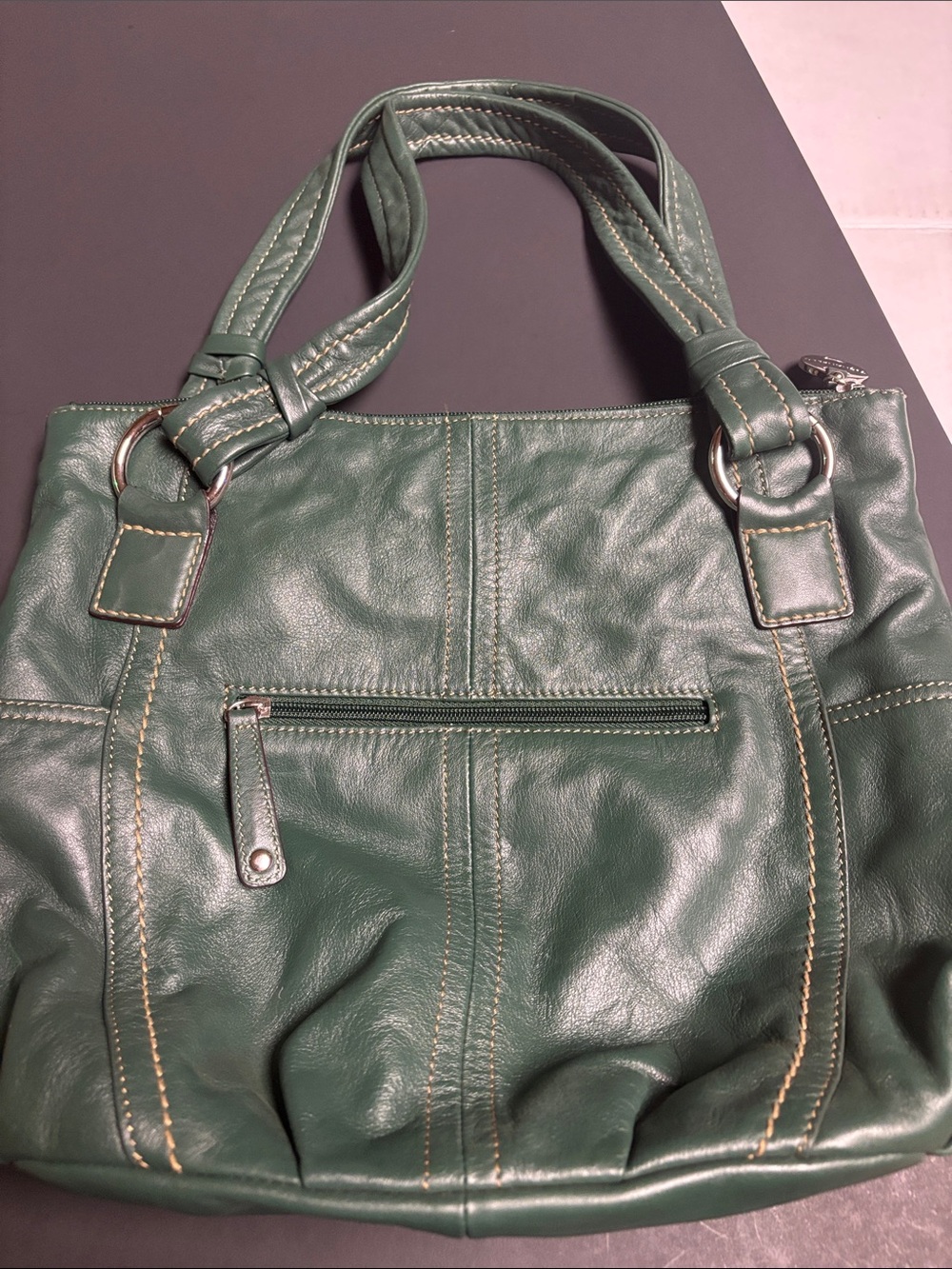 Tignanello Green Leather Shoulder Tote with Contrast Stitching